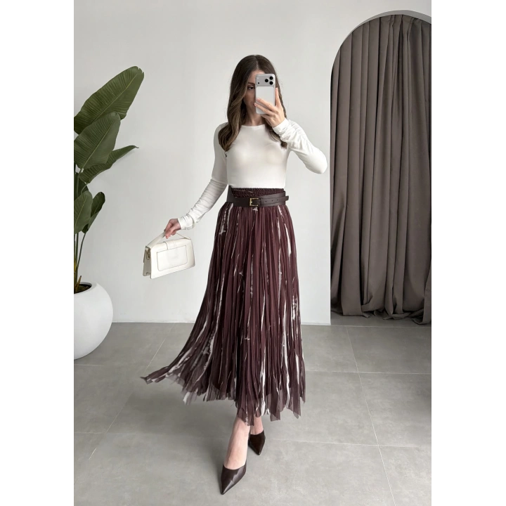 Parçalı Tasarım Astarlı Kahve Krem Etek