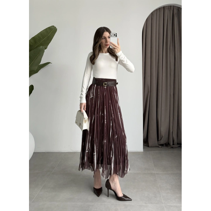 Parçalı Tasarım Astarlı Kahve Krem Etek