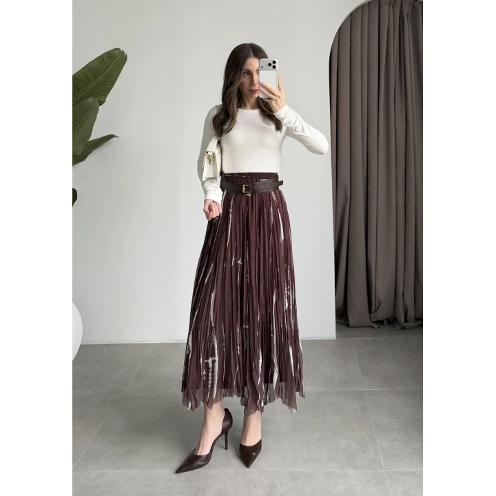 Parçalı Tasarım Astarlı Kahve Krem Etek