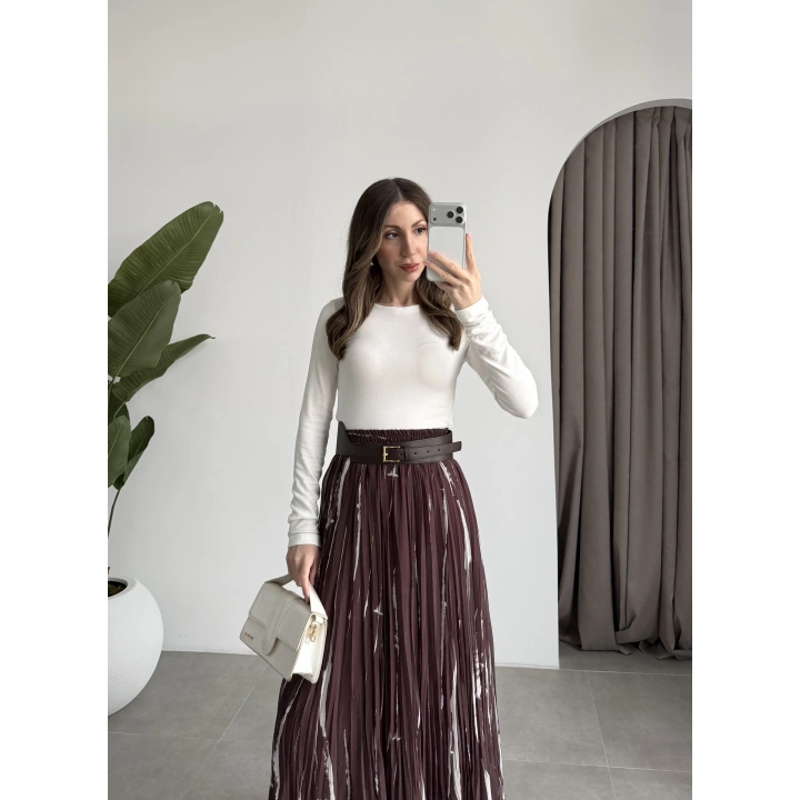 Parçalı Tasarım Astarlı Kahve Krem Etek