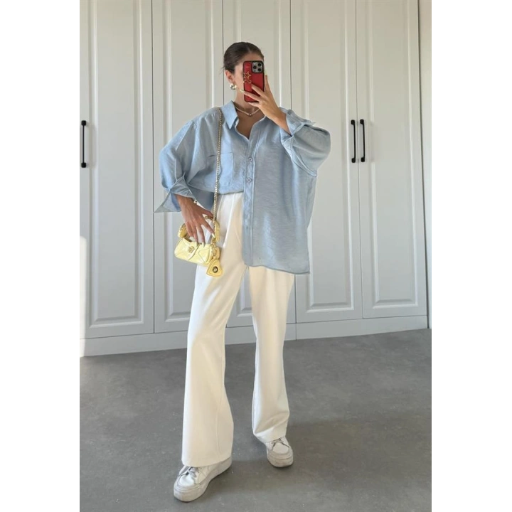 Açık Mavi Oversize Tensel Gömlek