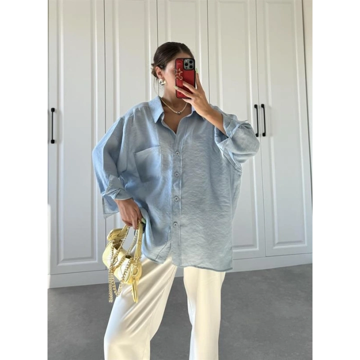 Açık Mavi Oversize Tensel Gömlek