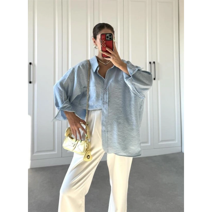 Açık Mavi Oversize Tensel Gömlek