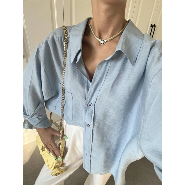 Açık Mavi Oversize Tensel Gömlek