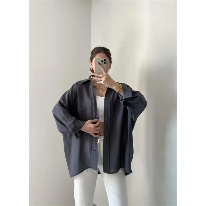 Antrasit Oversize Tensel Gömlek