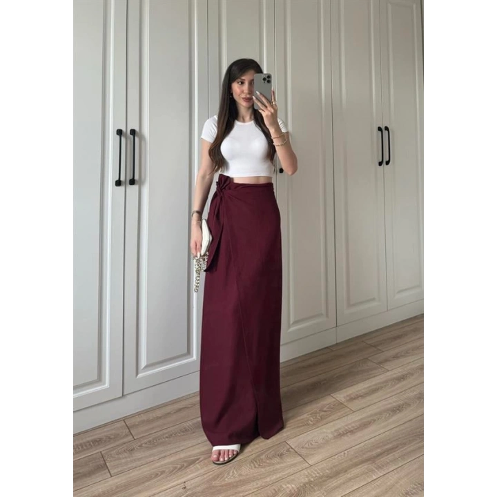 Anvelop Keten Uzun Bordo Etek