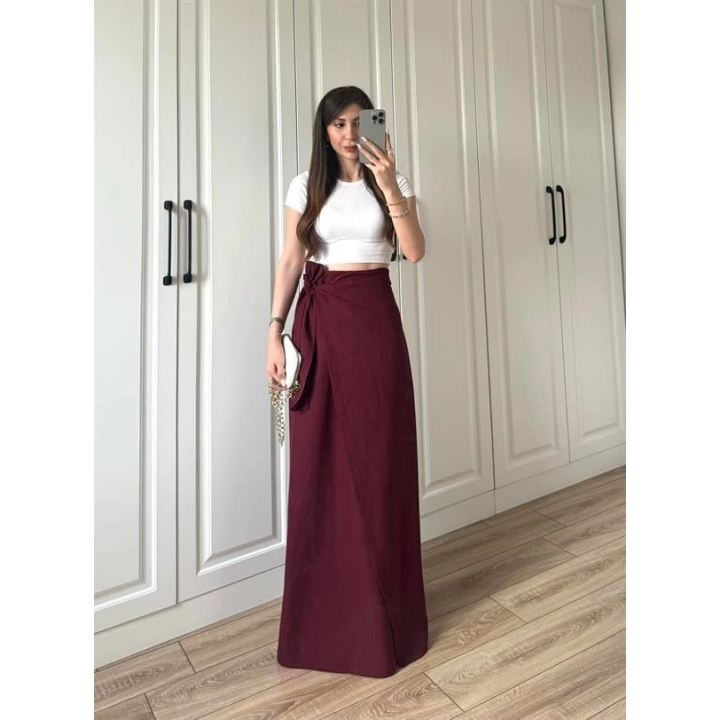 Anvelop Keten Uzun Bordo Etek