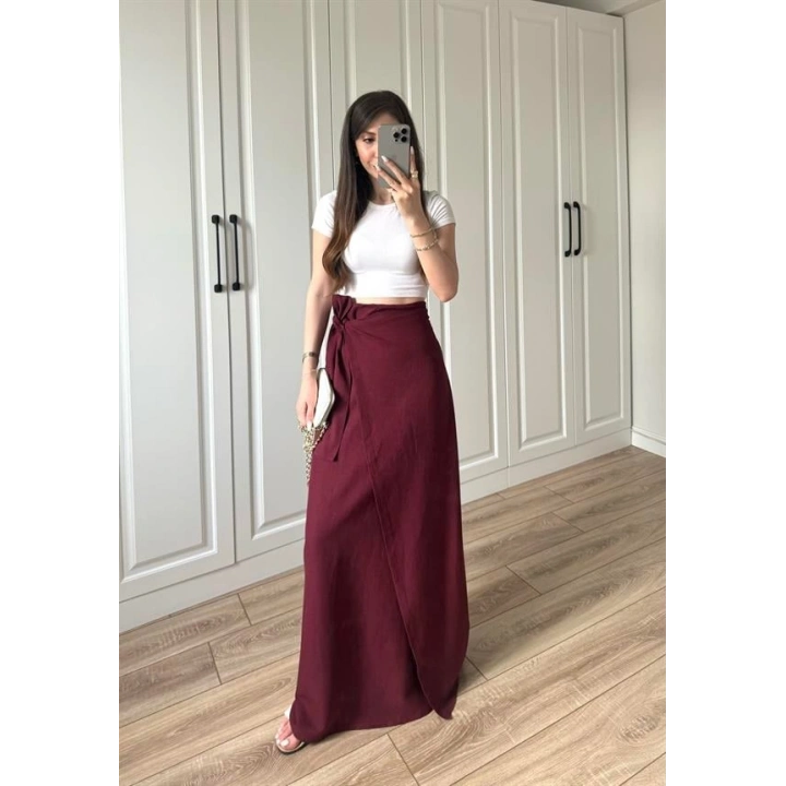 Anvelop Keten Uzun Bordo Etek