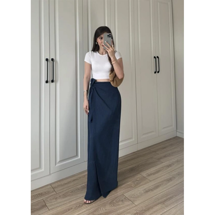 Anvelop Keten Uzun Lacivert Etek