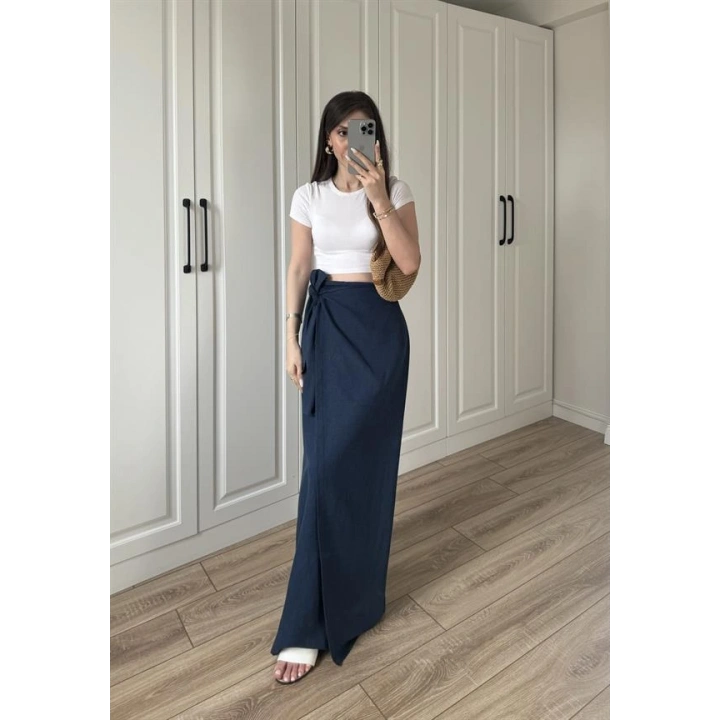 Anvelop Keten Uzun Lacivert Etek