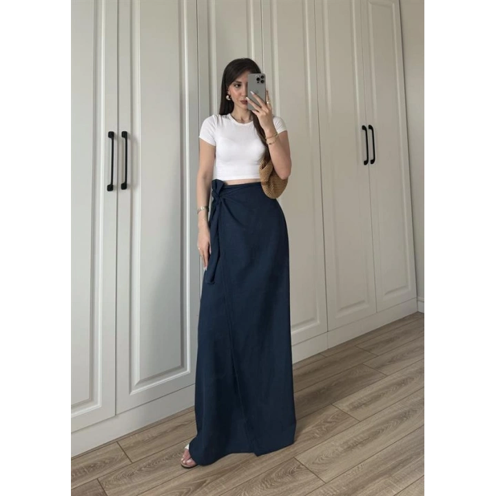 Anvelop Keten Uzun Lacivert Etek