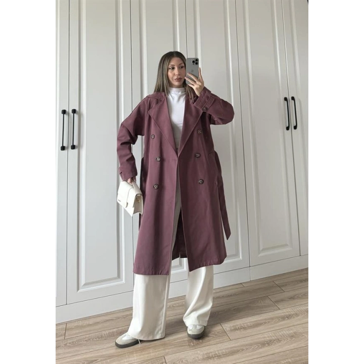 Aria Kuşaklı Astarlı Premium Bordo Trençkot