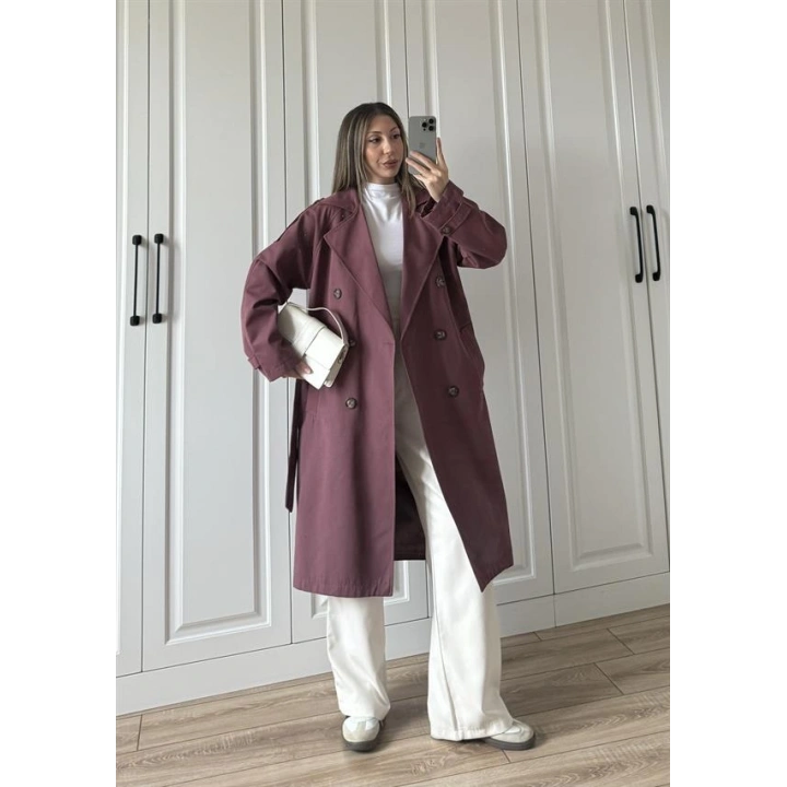 Aria Kuşaklı Astarlı Premium Bordo Trençkot
