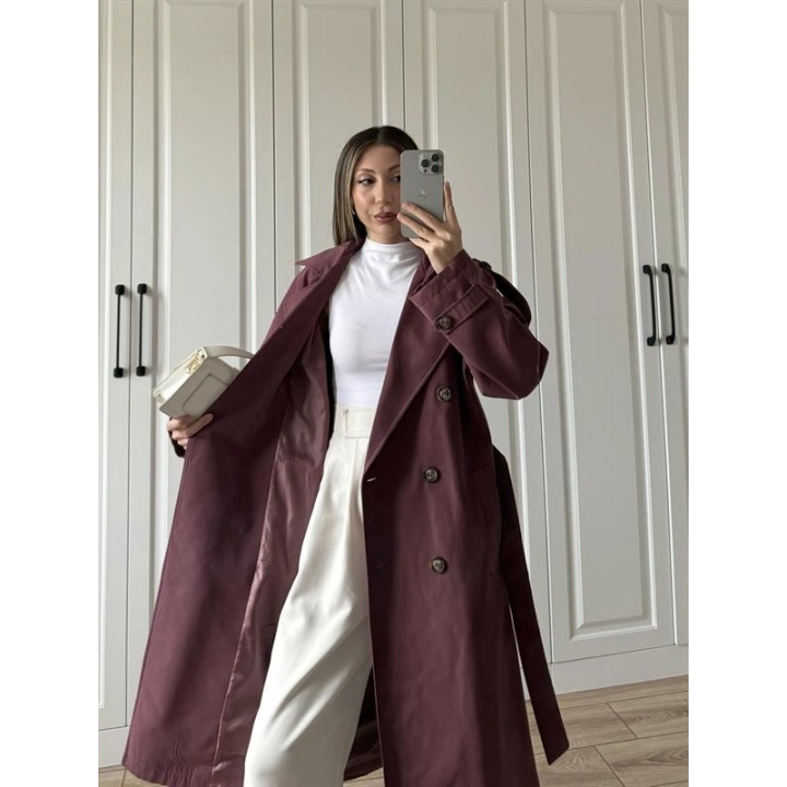 Aria Kuşaklı Astarlı Premium Bordo Trençkot