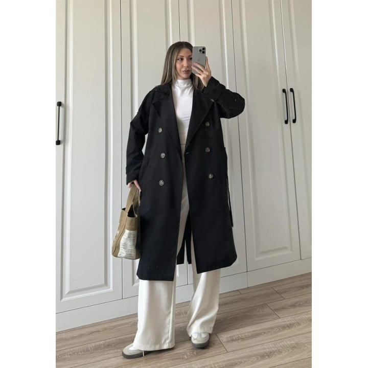 Aria Kuşaklı Astarlı Premium Siyah Trençkot