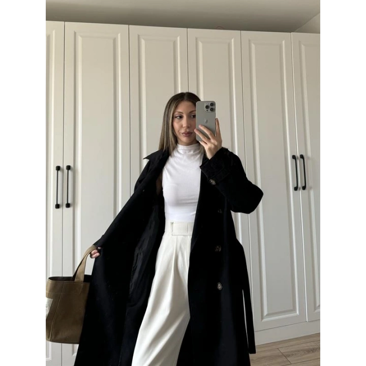 Aria Kuşaklı Astarlı Premium Siyah Trençkot