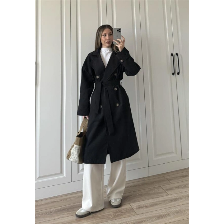 Aria Kuşaklı Astarlı Premium Siyah Trençkot