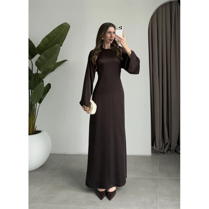 Arkadan Bağlamalı Kahve Saten Elbise