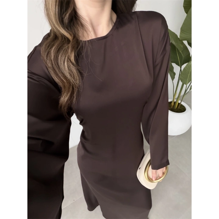 Arkadan Bağlamalı Kahve Saten Elbise