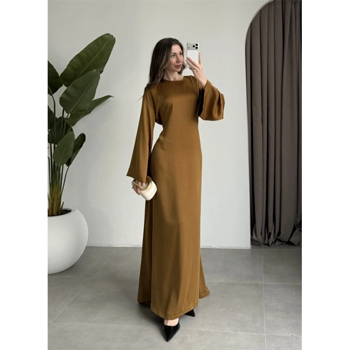 Arkadan Bağlamalı Yağ Yeşili Saten Elbise