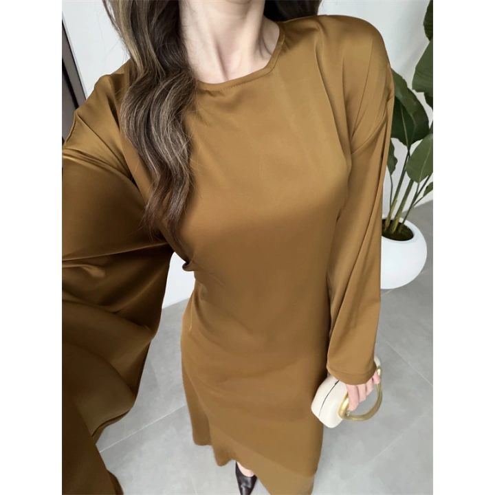 Arkadan Bağlamalı Yağ Yeşili Saten Elbise