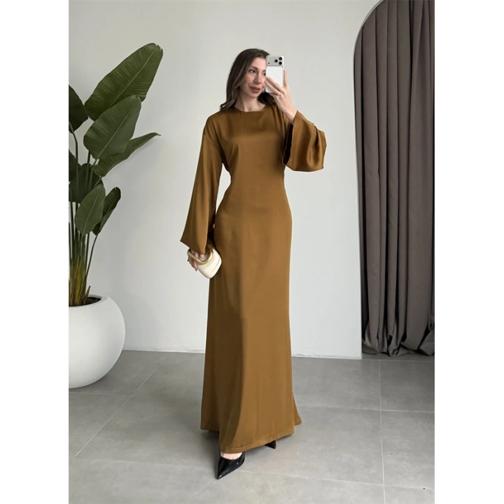 Arkadan Bağlamalı Yağ Yeşili Saten Elbise