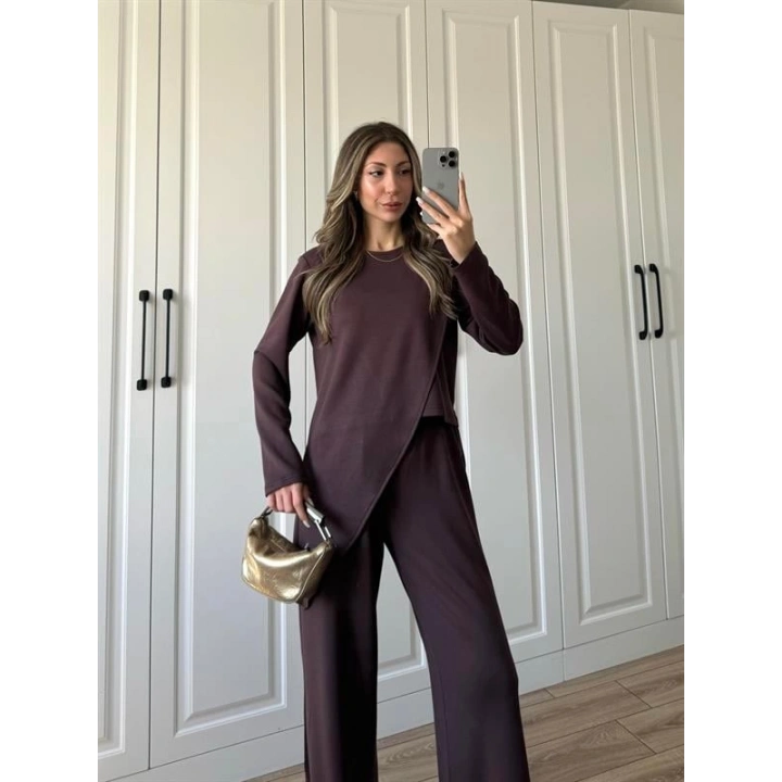 Asimetrik Kesim Oysh Kumaş Kahve Takım