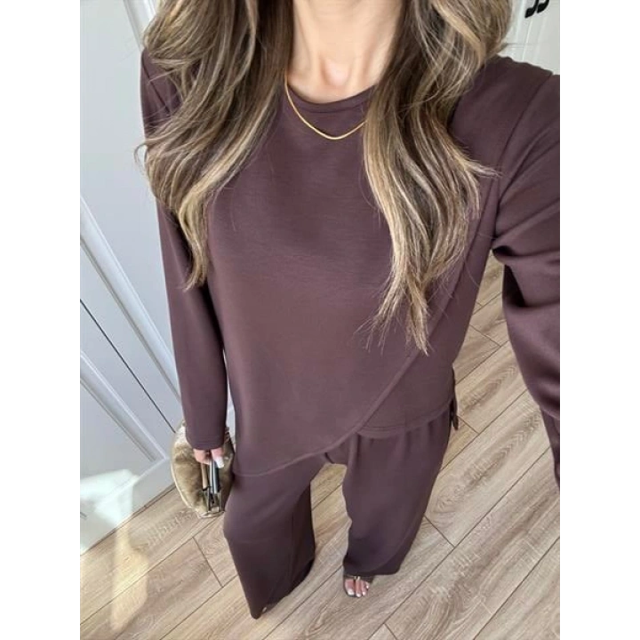 Asimetrik Kesim Oysh Kumaş Kahve Takım