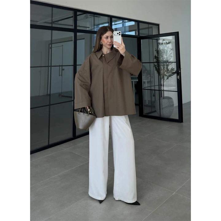 Asimetrik Yaka Oversize Haki Gömlek