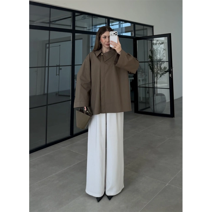 Asimetrik Yaka Oversize Haki Gömlek