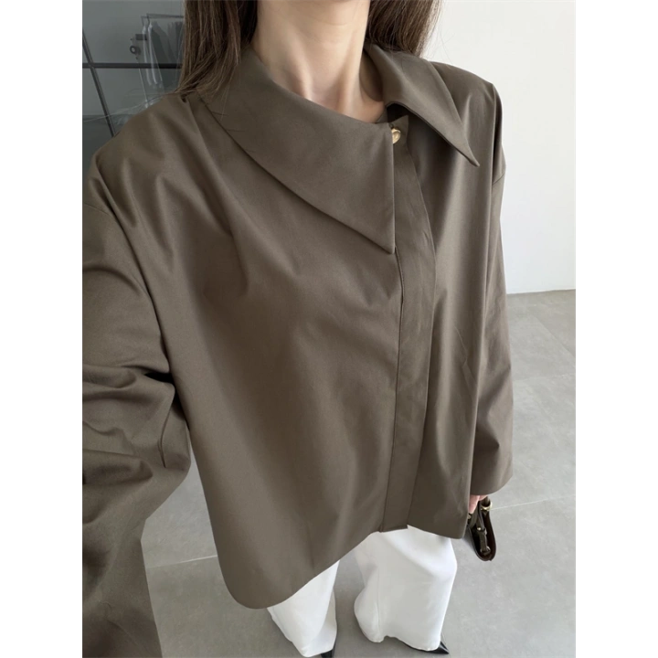 Asimetrik Yaka Oversize Haki Gömlek