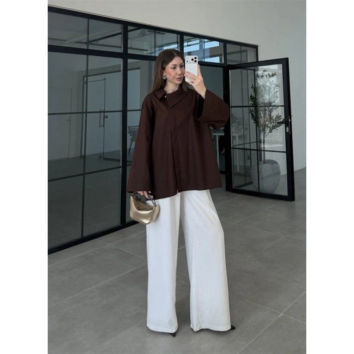 Asimetrik Yaka Oversize Kahve Gömlek