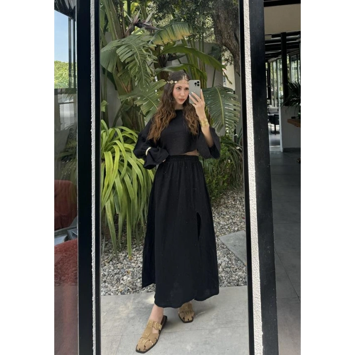 Bali Eteği Yırtmaçlı Müslin Siyah Takım