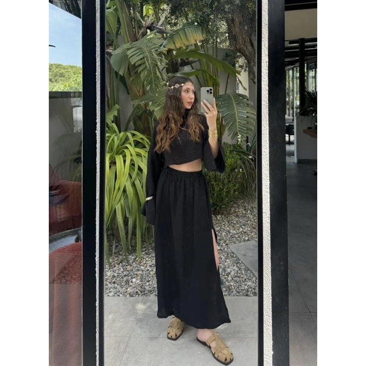 Bali Eteği Yırtmaçlı Müslin Siyah Takım