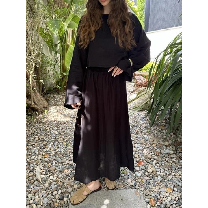 Bali Eteği Yırtmaçlı Müslin Siyah Takım