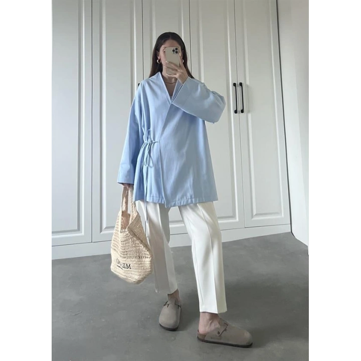 Bebe Mavi Yandan Bağlamalı Gabardin Kimono Ceket