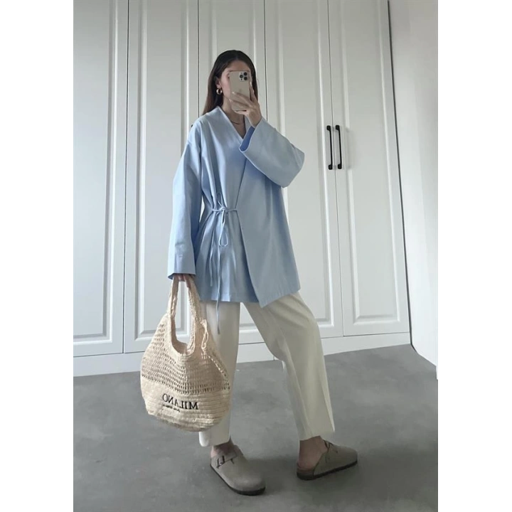 Bebe Mavi Yandan Bağlamalı Gabardin Kimono Ceket