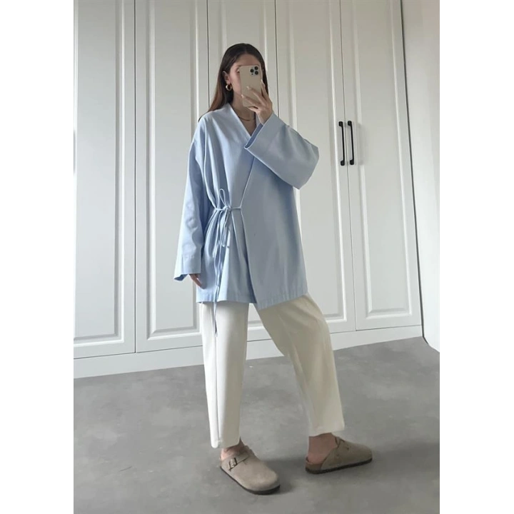 Bebe Mavi Yandan Bağlamalı Gabardin Kimono Ceket