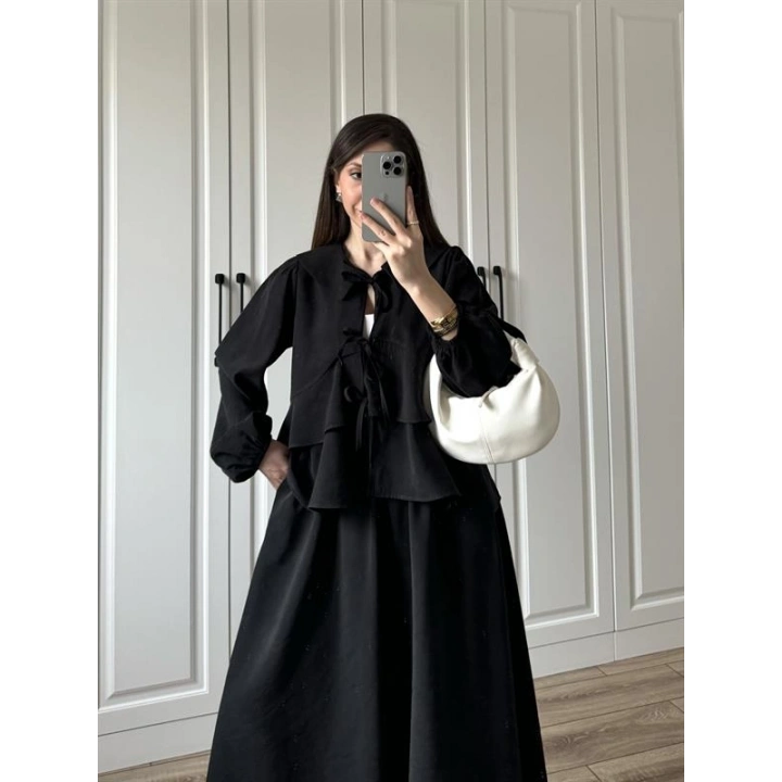 Bebe Yaka Tasarım Siyah Modal Etekli Takım