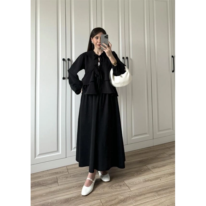 Bebe Yaka Tasarım Siyah Modal Etekli Takım