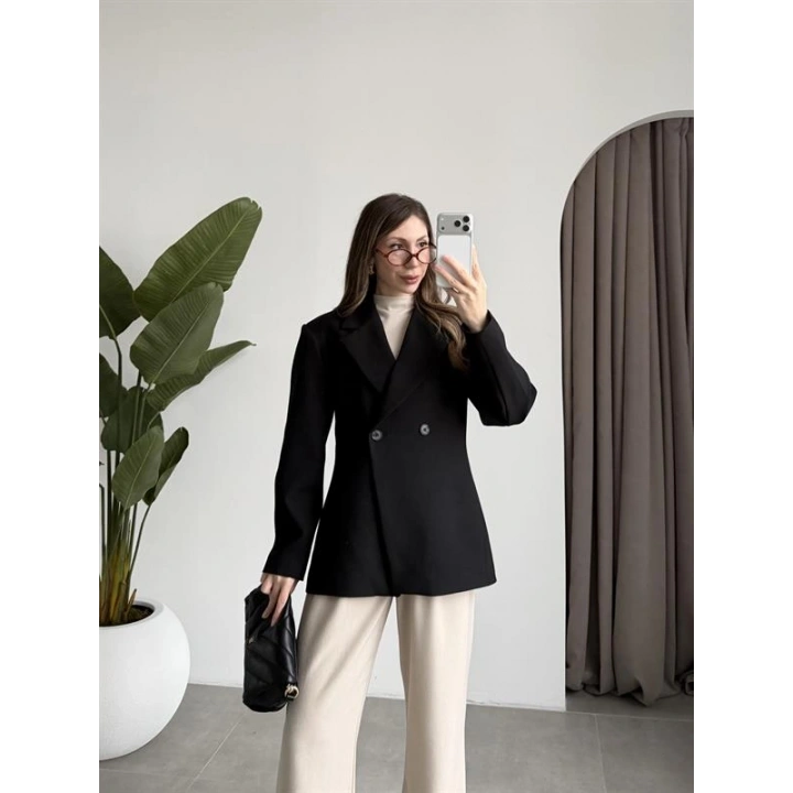 Belden Oturtmalı Kruvaze Astarlı Siyah Blazer Ceket