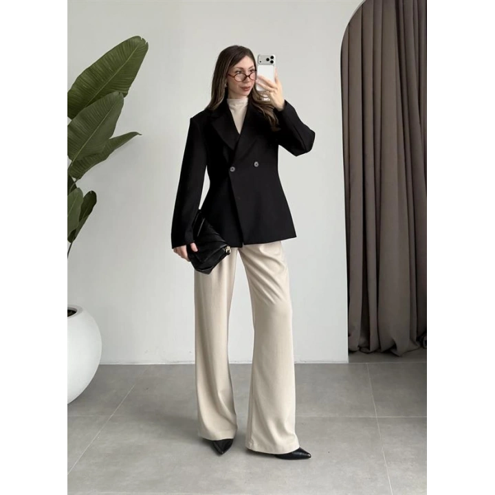 Belden Oturtmalı Kruvaze Astarlı Siyah Blazer Ceket