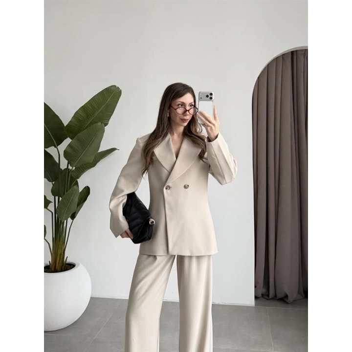 Belden Oturtmalı Kruvaze Astarlı Taş Blazer Ceket