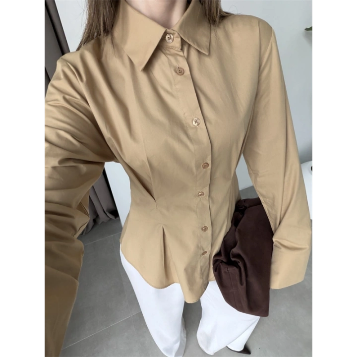 Belden Oturtmalı Pilili Camel Poplin Gömlek