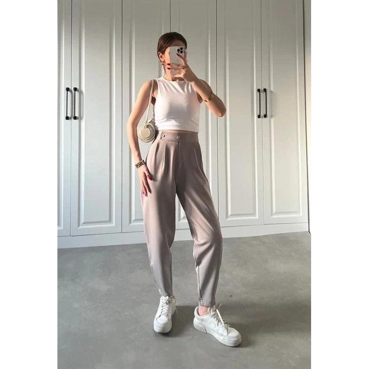 Beli Çift Düğme Detaylı Gri Kumaş Pantolon