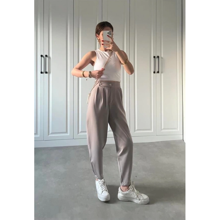 Beli Çift Düğme Detaylı Gri Kumaş Pantolon