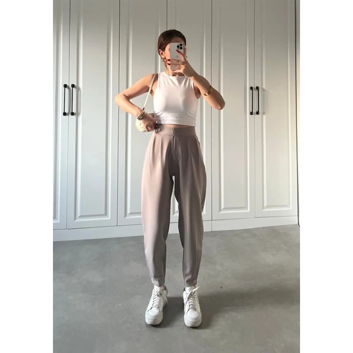 Beli Çift Düğme Detaylı Gri Kumaş Pantolon