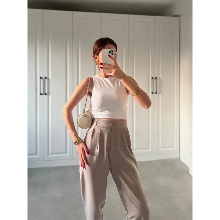 Beli Çift Düğme Detaylı Gri Kumaş Pantolon