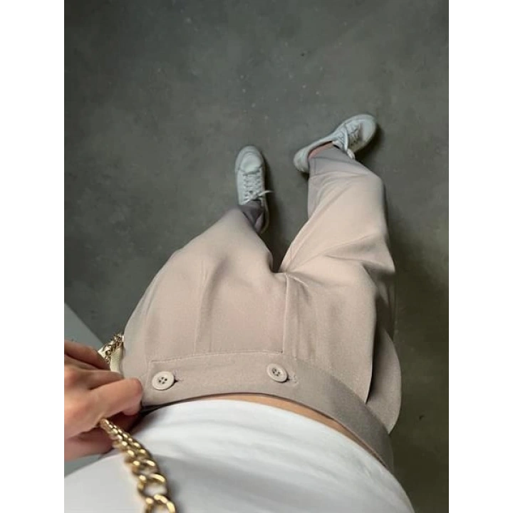 Beli Çift Düğme Detaylı Gri Kumaş Pantolon