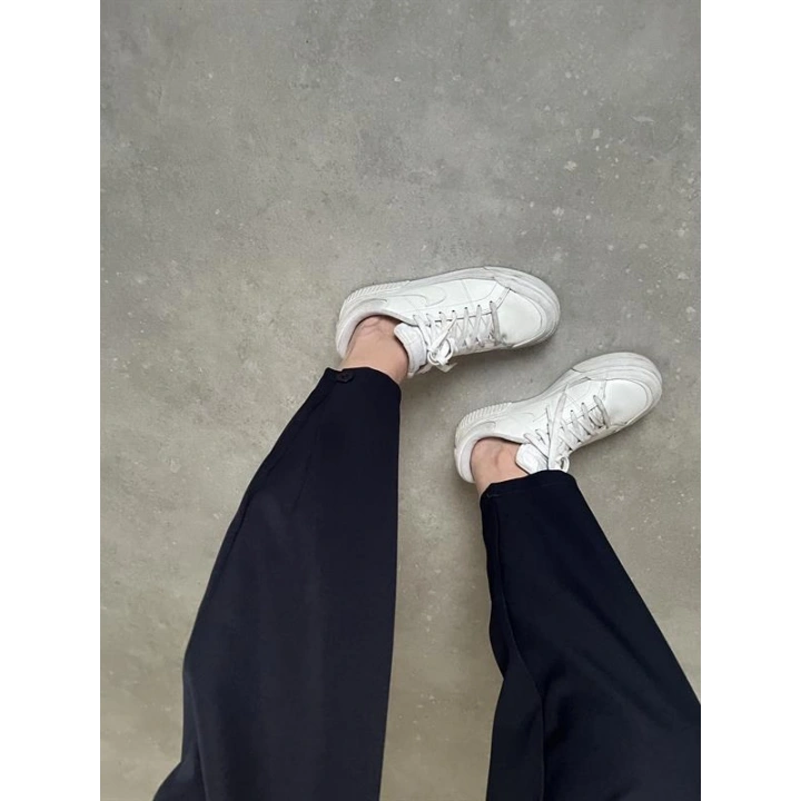 Beli Çift Düğme Detaylı Lacivert Kumaş Pantolon